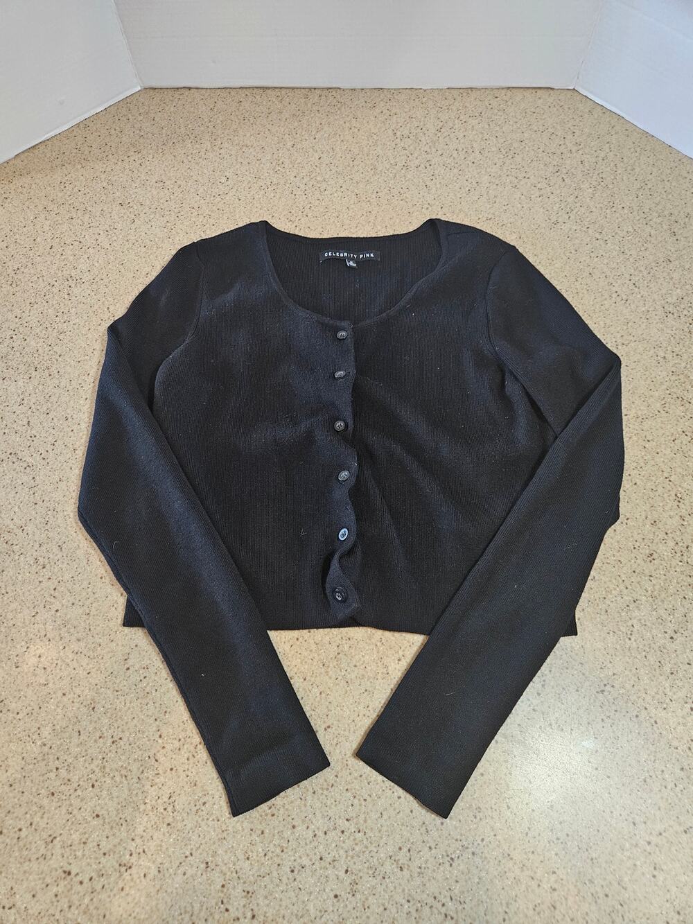 Celebrity Pink Black Ribbed Knit Cropped Cardigan Sweater - M